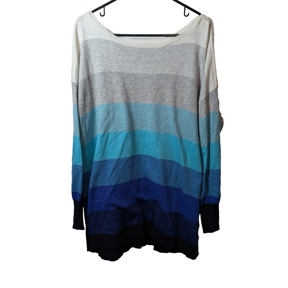 LIZ CLAIBORNE Sweater Striped BLUE NAVY Colorful Top Long Boat Neck Size 1X Plus